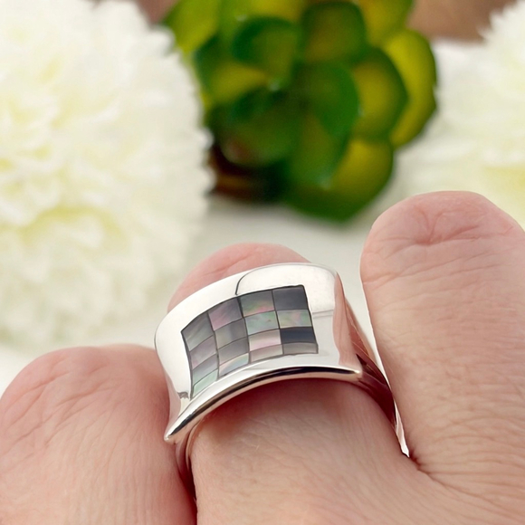 Vintage Serling Silver 925 Abalone Inlay Ring Size 9 3/4 10 - Picture 6 of 11